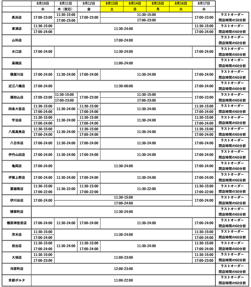 お盆期間の営業時間のご案内