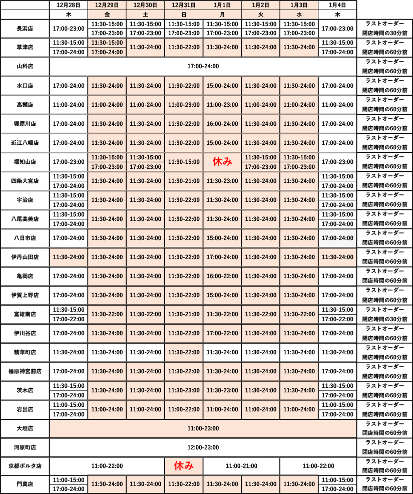 年末・年始の営業時間のご案内